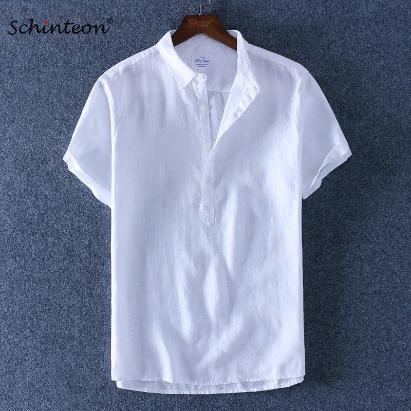 Schinteon 100% Linen Summer Casual Shirt Men Breathable Turn-down Collar Short Sleeved Pullover Shirt Comfortable New