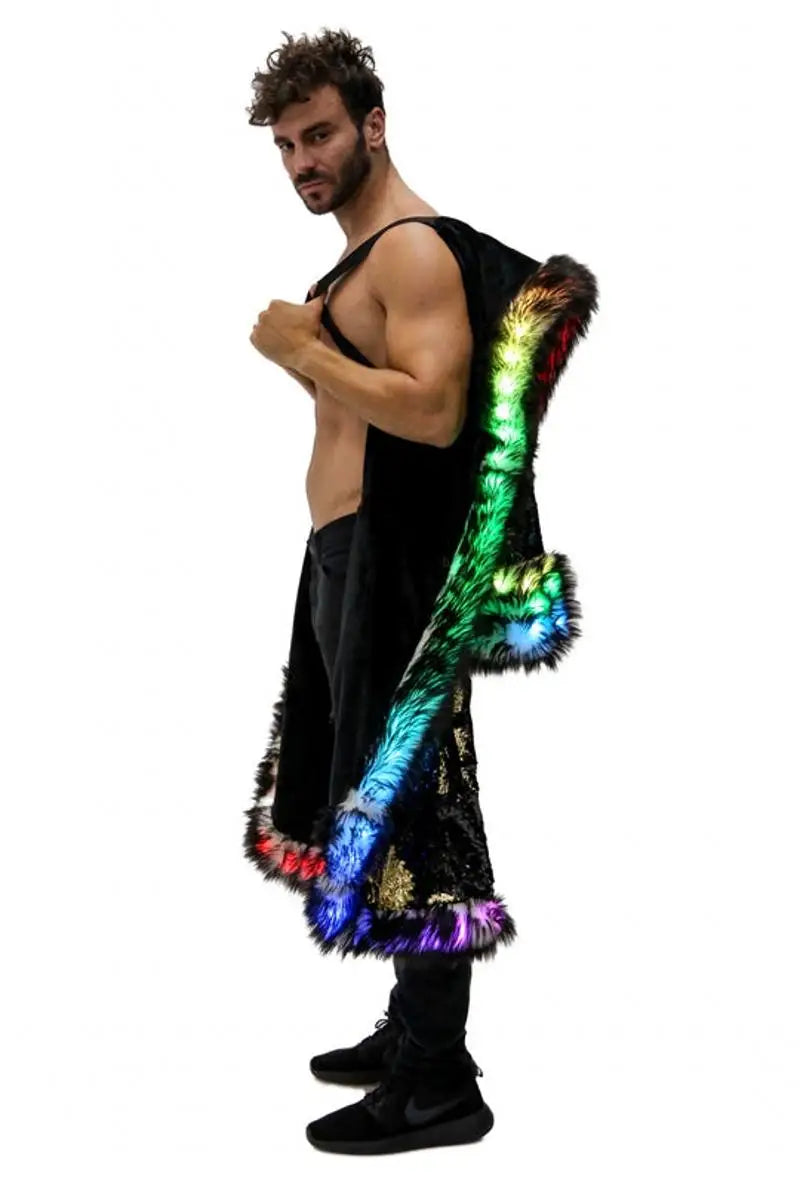 New LED Costume Faux Fur Coat Long Hooded Flash Clothes Burning Man Clothing Men's Faux Fur Coat