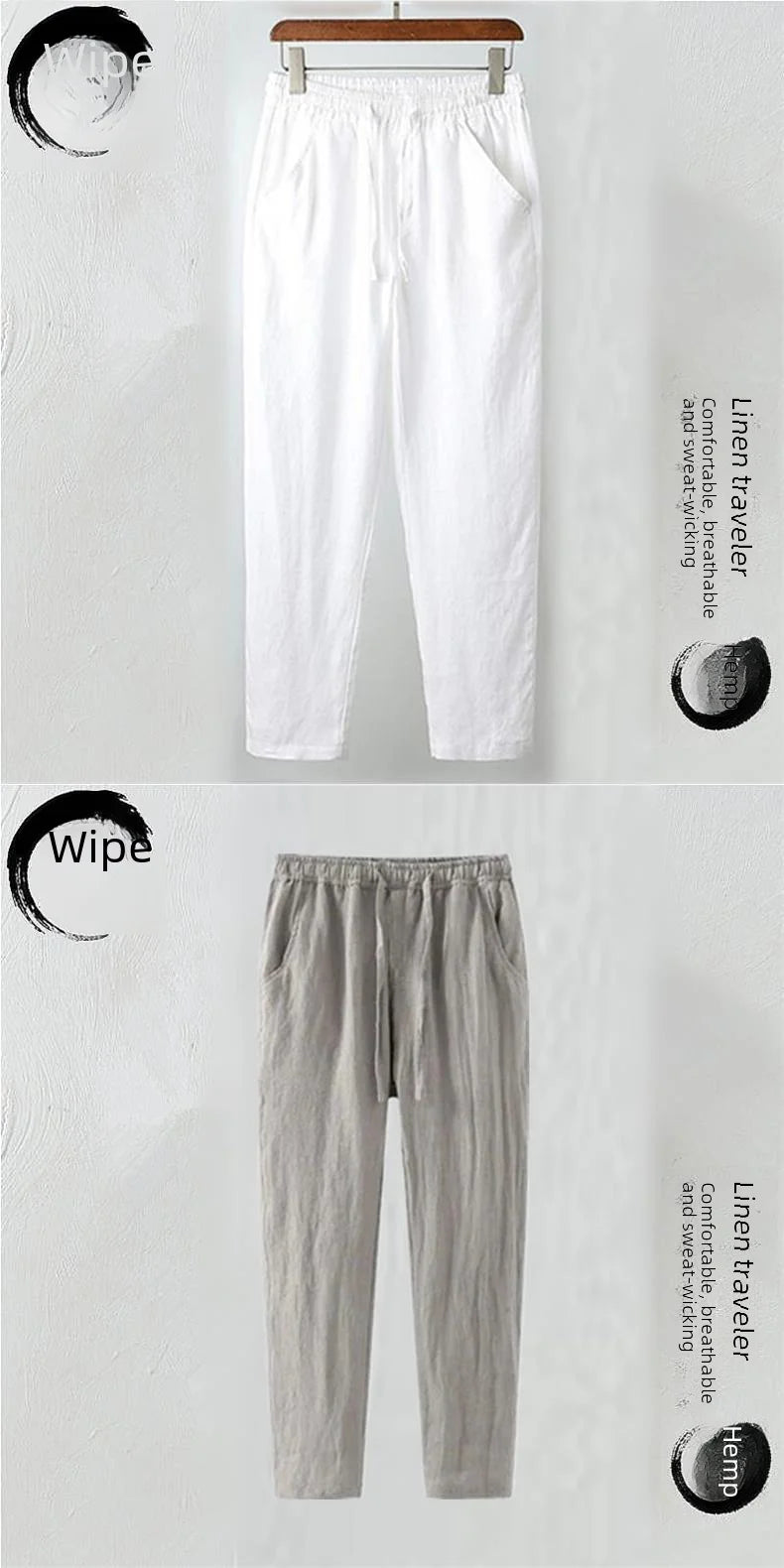 Men's Slim Fit Linen Cropped Pants Casual White Straight Leg Pants Loose Fit Summer Cotton Linen Mix For Middle Age Dads