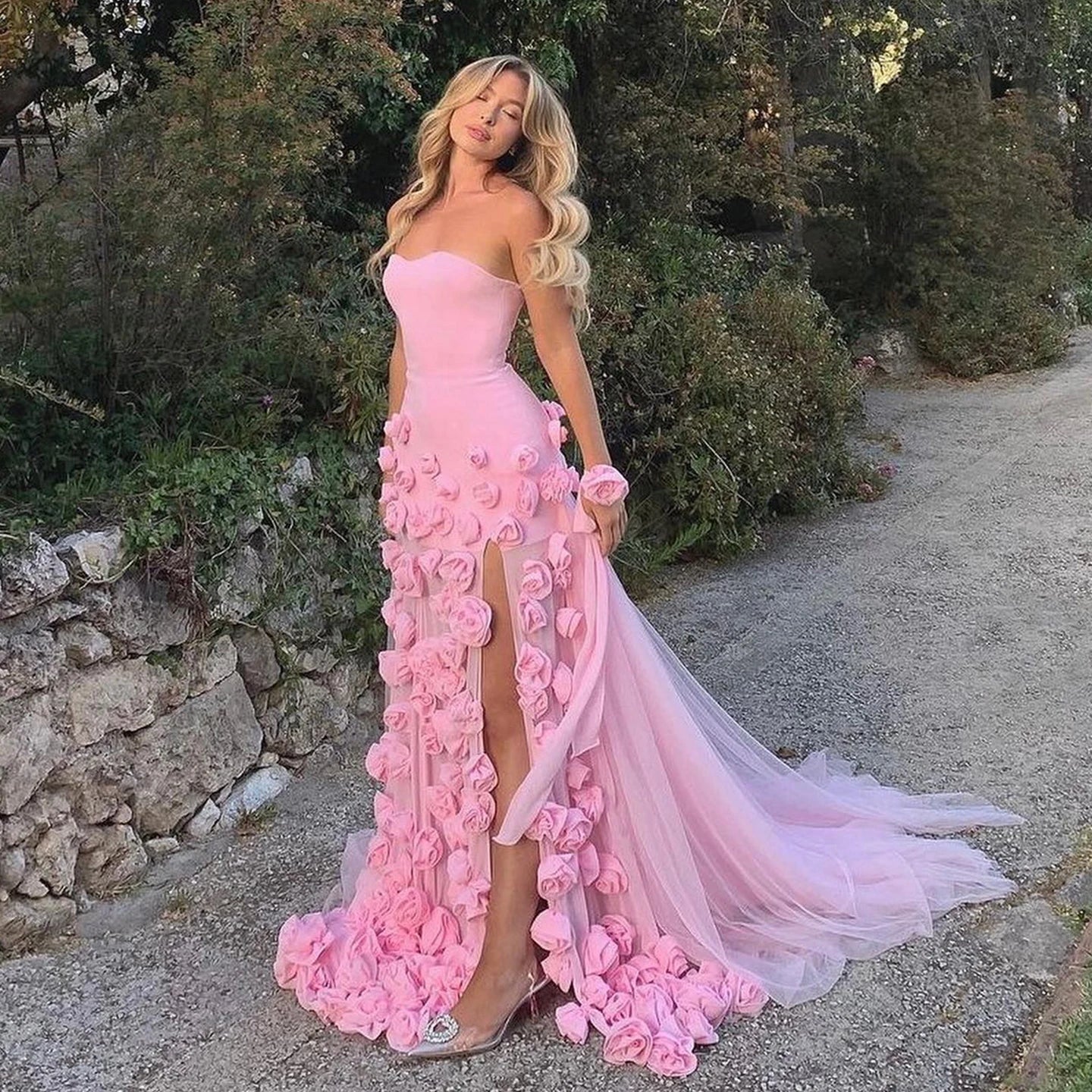 Sharon Said Custom Made Chic Baby Pink 3D Flowers Mermaid Evening Dress Elegant Sweetheart Side Slit Sexy Girls Party Gown SF009