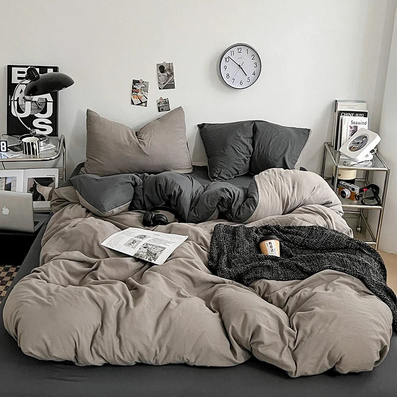 Solid Color Duvet Cover Set 100% Washed Cotton Bedding Set Super Soft Comfortable Lightweight Comforter Cover with 2 Pillowcases