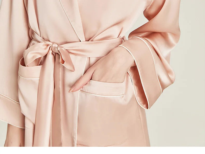 BirdTree 6A 19MM 100%Real Silk Satin Night Robe, Women Notched Neck Sash, Elegant Simple Pajama Robe, 2024 Spring Fall P469122QM