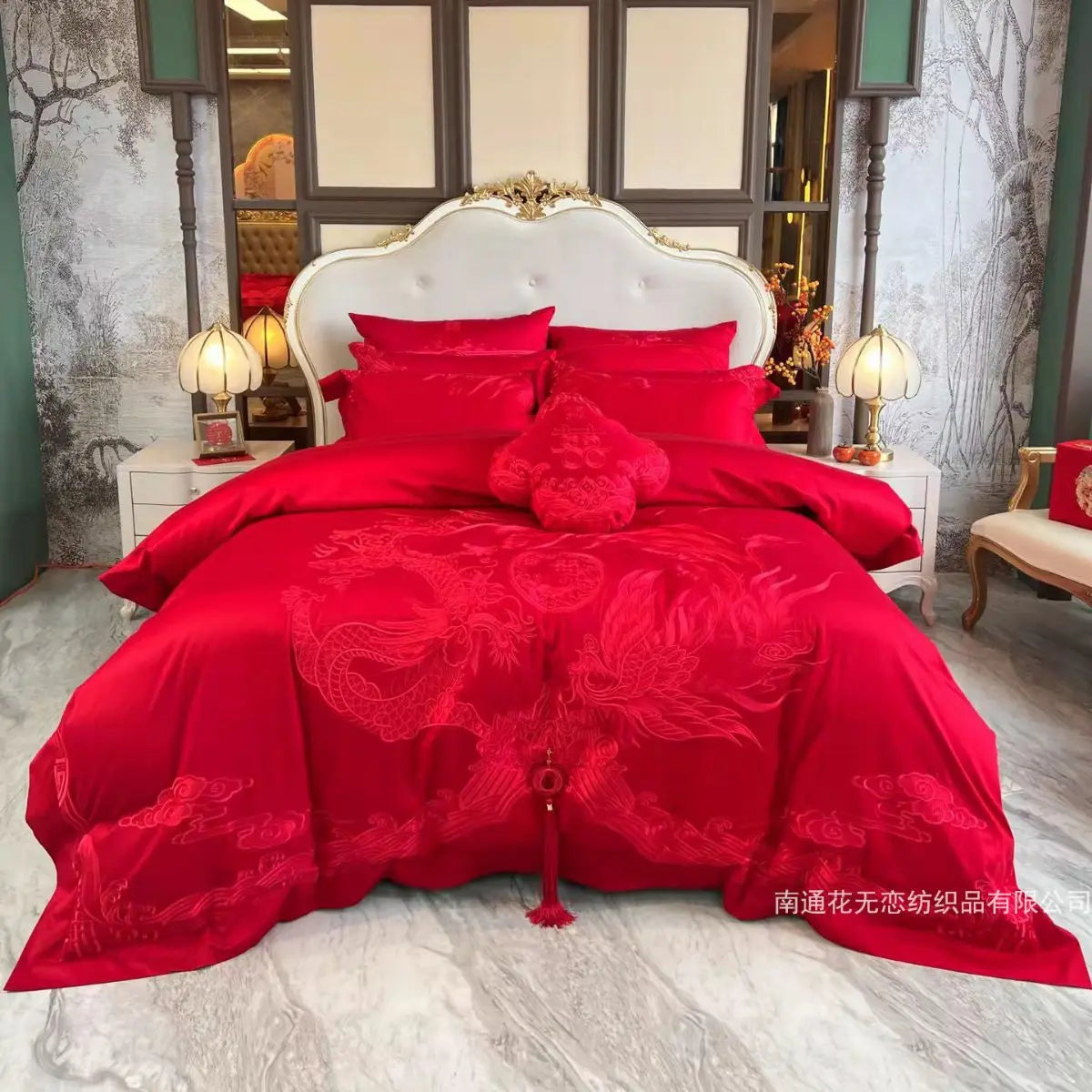 160 Thread Count Long Staple Cotton Embroidered Wedding Four Piece Set of Joyful Red Wedding Bedding Products