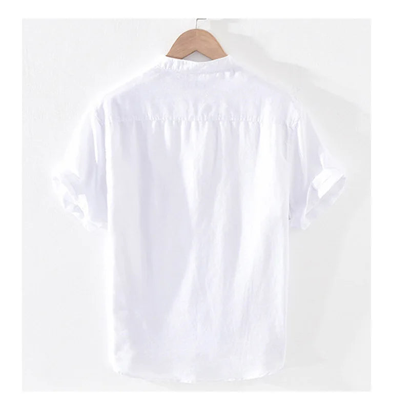 Fengbaoyu Linen Summer Men's Short Sleeves Lined with Middle-aged Casual White Vertical Collar Shirt Large Size 150KG 5XL Blouse