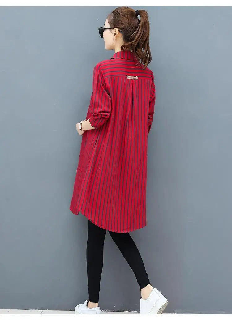 Casual Korean Midi Striped Print Shirt for Female Turn-down Collar Single-breasted Fashion Long Sleeve Blouse Women's Clothing