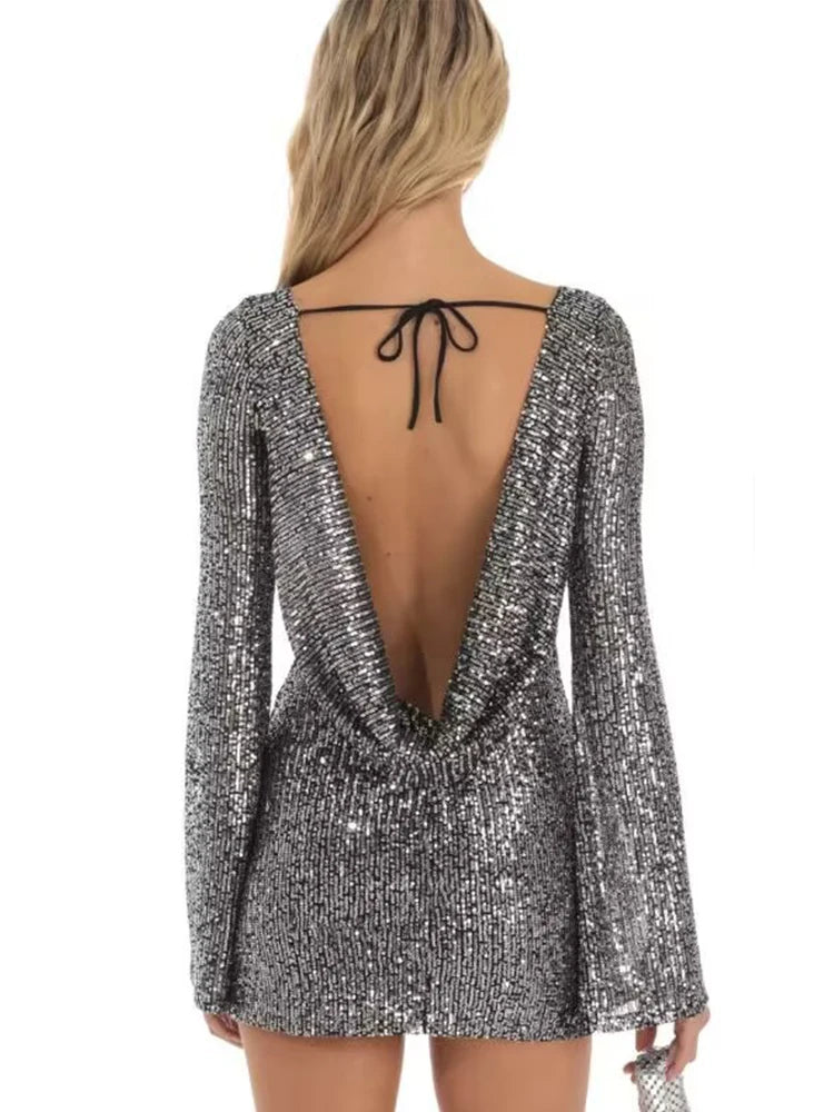 Sexy O Neck Backless Shining Sequin Short Dress Women Long Sleeve  Bodycon Mini Dress 2024 Chic Lady Club Party Evening Vestido