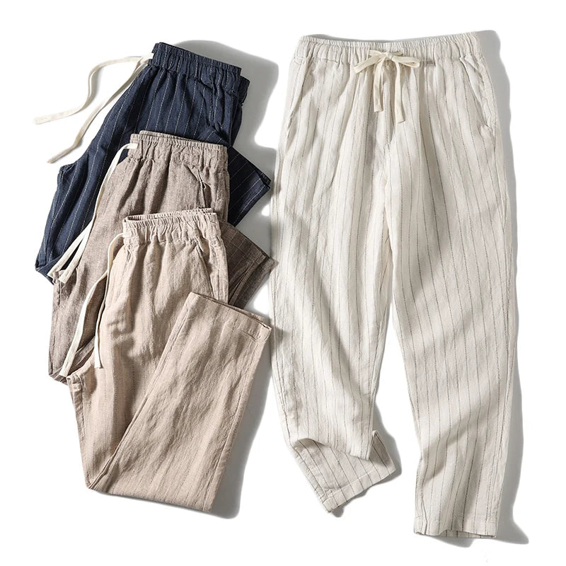 Cotton and Linen Comfortable Men's Fashion Trend Summer Pure Straight Stripe Thin Breathable Solid Color Loose Casual Pants