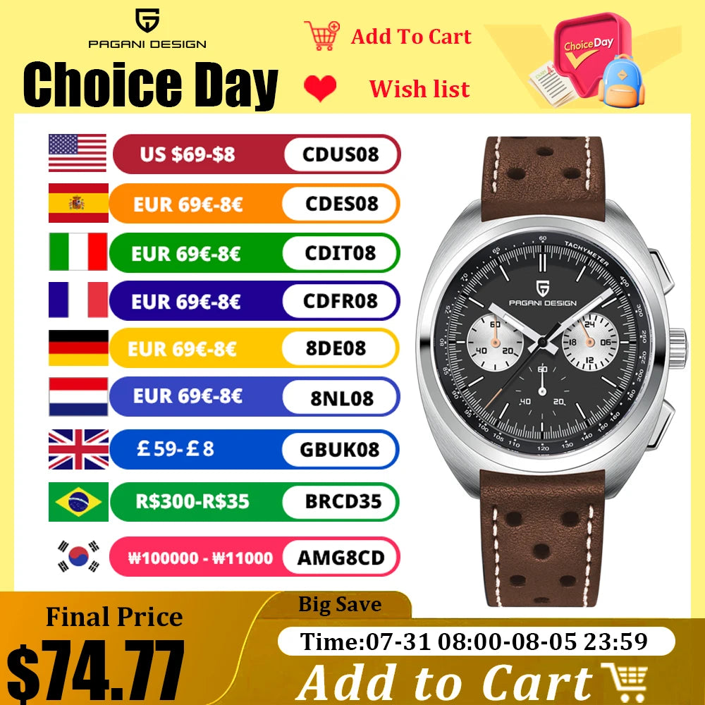 PAGANI DESIGN 2023 Men's Watches Top Luxury Quartz Watch for Men Chronograph Automatic AR Sapphire Mirror Waterproof Sports Gift