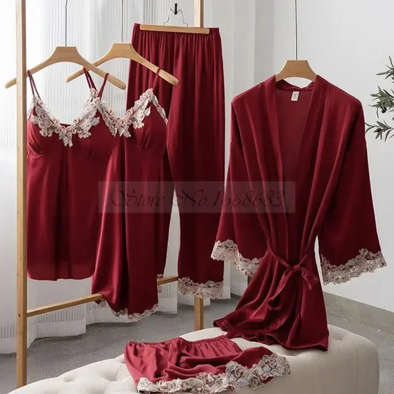 Spring Summer 5PCS PAJAMAS SET Sexy Lace Trim Bath Robe Nightgown Female Satin Cami Pijamas Suit Loose Home Clothes Lounge wear