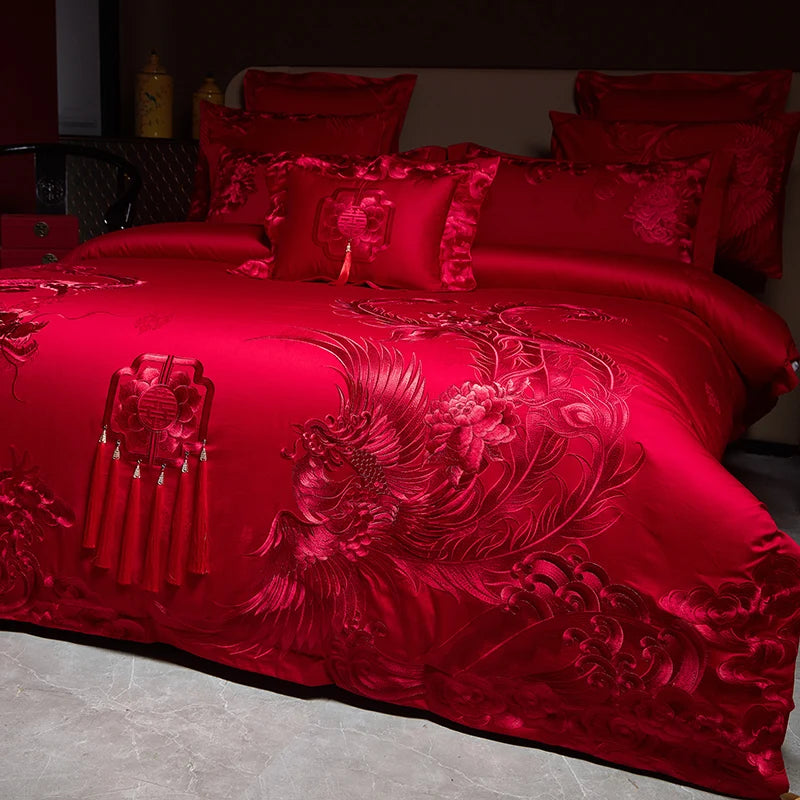 Luxury Gold/Red Loong Phoenix Embroidery Chinese Wedding Tassels Egyptian Cotton Bedding Set Duvet Cover Bed Sheet Pillowcases