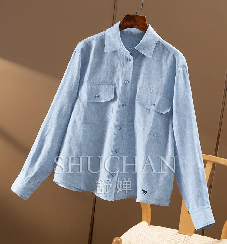 100% Linen Long-sleeved Shirt Women Long Sleeve Top Womens Shirts Luxury  Blouses for Women Fashion 2024
