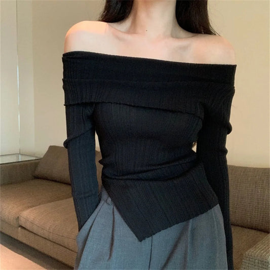 Women's Slash Neck Pullover Split Irregular Off Shoulder Top Black Long Sleeve Casual Korean Elegant Slim Fit Base Tees Y2K Tops