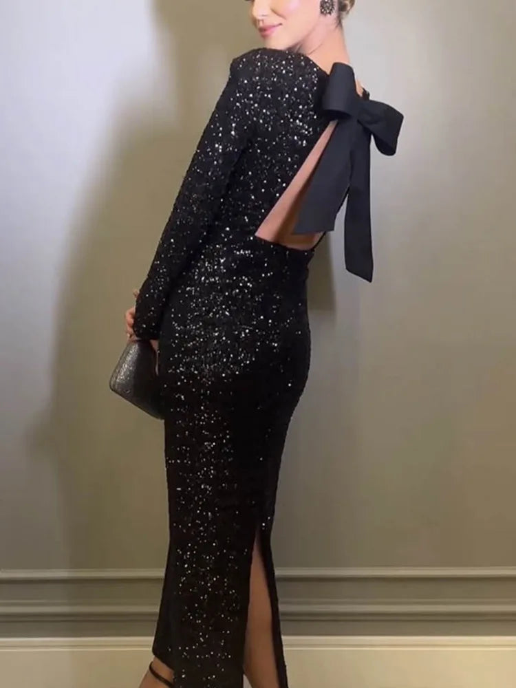 JULISSA MO Elegant Women's Party Clubwear Evening Dresses Bow Backless Long Sleeve Glitter Sequins Long Dress 2024 Women New