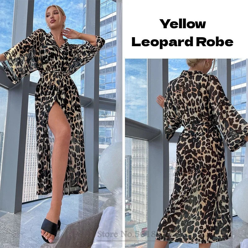 Long Leopard Kimono Bathrobe Robe Sexy Loungewear Nightgown Women Summer Home Dressing Gown with Belt Satin Nightwear Sleepwear