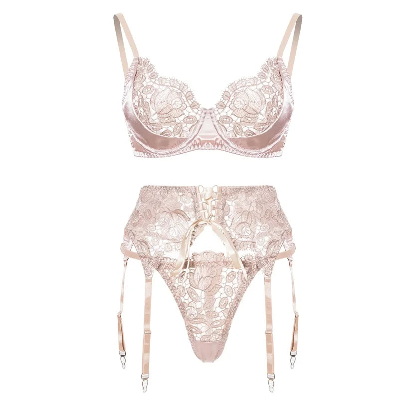 Aduloty Women Sexy Underwear Exquisite Embroidery Lace Satin Splice Thin Bra Seduction Erotic Lingerie Lace Up Three Piece Set