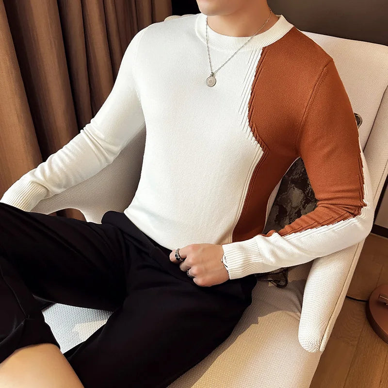 Knitwear Sweater Patchwork Color Long Sleeve Sweaters For Men Korean Luxury Clothing O-Neck Slim Fit Pullovers Pull Homme Sale