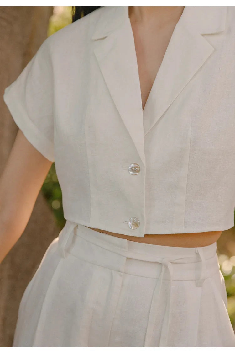 100% Linen Women'S Shirt Vintage Notched Collar Short Sleeve Button Up Shirts Elegant Fashion Woman Blouses 2024 Blusas Feminina
