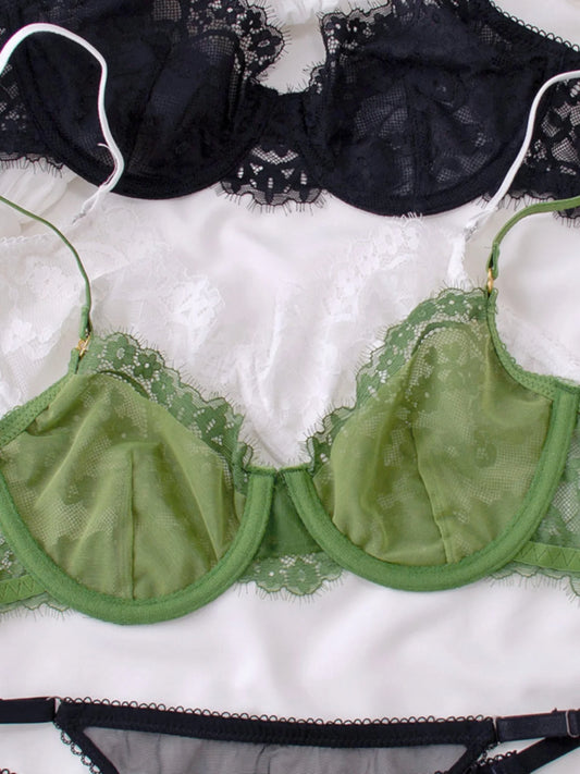 Sexy thin lace lingerie briefs sets women large size bras with steel ring see-through underwear set bra set