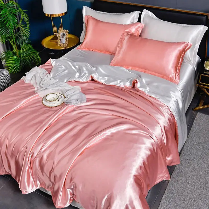 Nordic Silk Bedding Set with Duvet Cover Bed Sheet Pillowcase Luxury Couple Single Double Summer Home Textile Solid Bedsheet