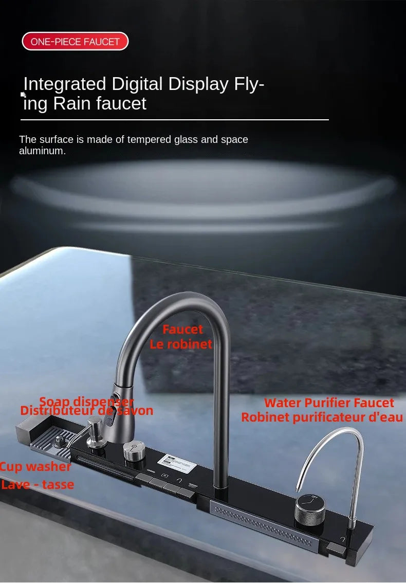 304 Stainless Steel Kitchen Sink Double Waterfall Single Slot Integrated Digital Display Faucet Set Soap dispenser Cup Washer