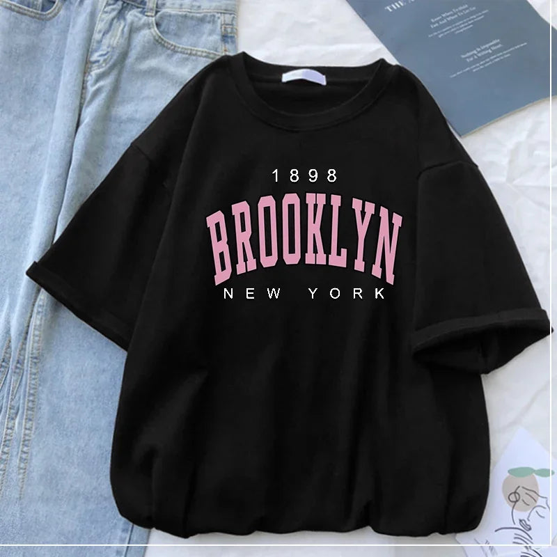 1898 Brooklyn Female New York Harajuku Top print ladies T-shirt casual basics O-collar Black shirt short sleeve ladies T-shirts