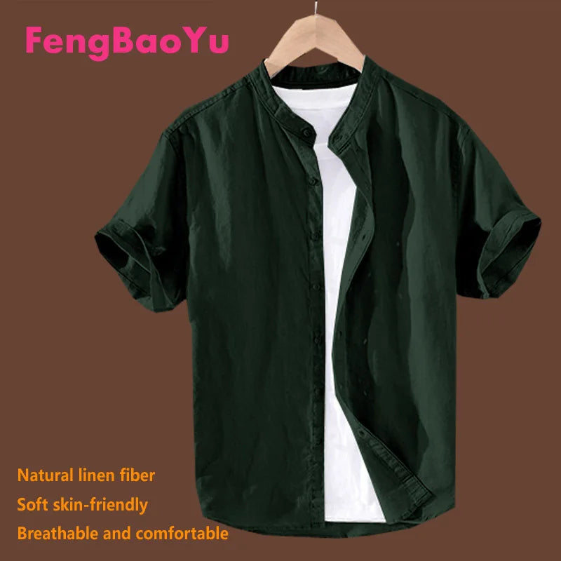 Fengbaoyu Linen Summer Men's Short Sleeves Lined with Middle-aged Casual White Vertical Collar Shirt Large Size 150KG 5XL Blouse