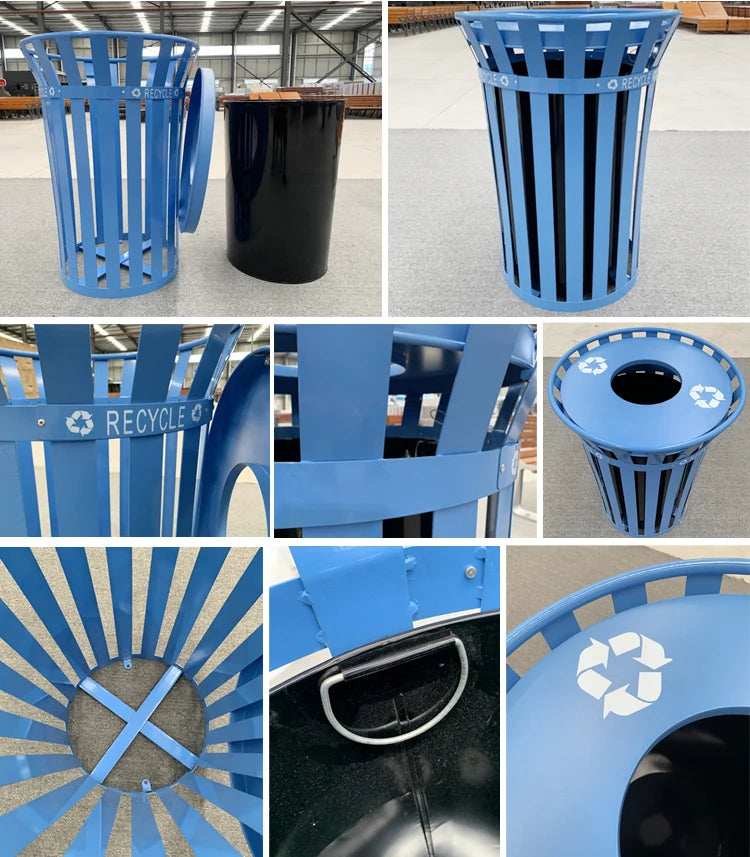 popular blue color round steel iron big garbage can container outdoor garden dustbin metal commercial waste trash bins for parks
