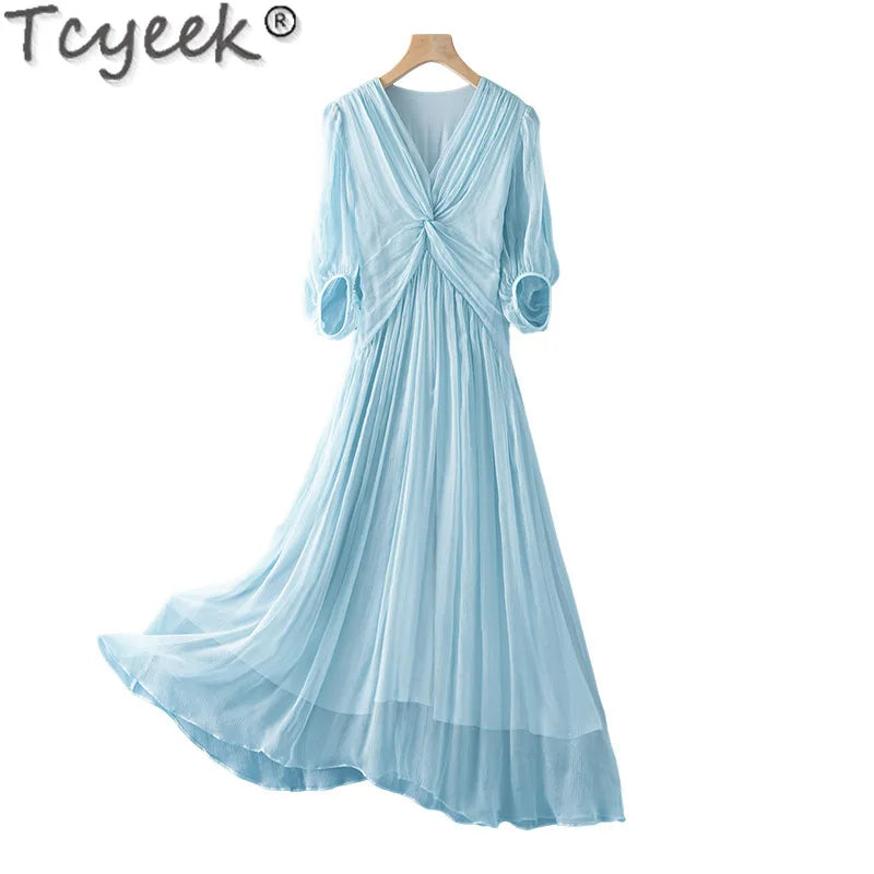 Tcyeek 100% Mulberry Silk Dress Women Clothes Fashion Summer Dresses 2024 Elegant and Pretty Women's Dresses Waist Vestido Mujer