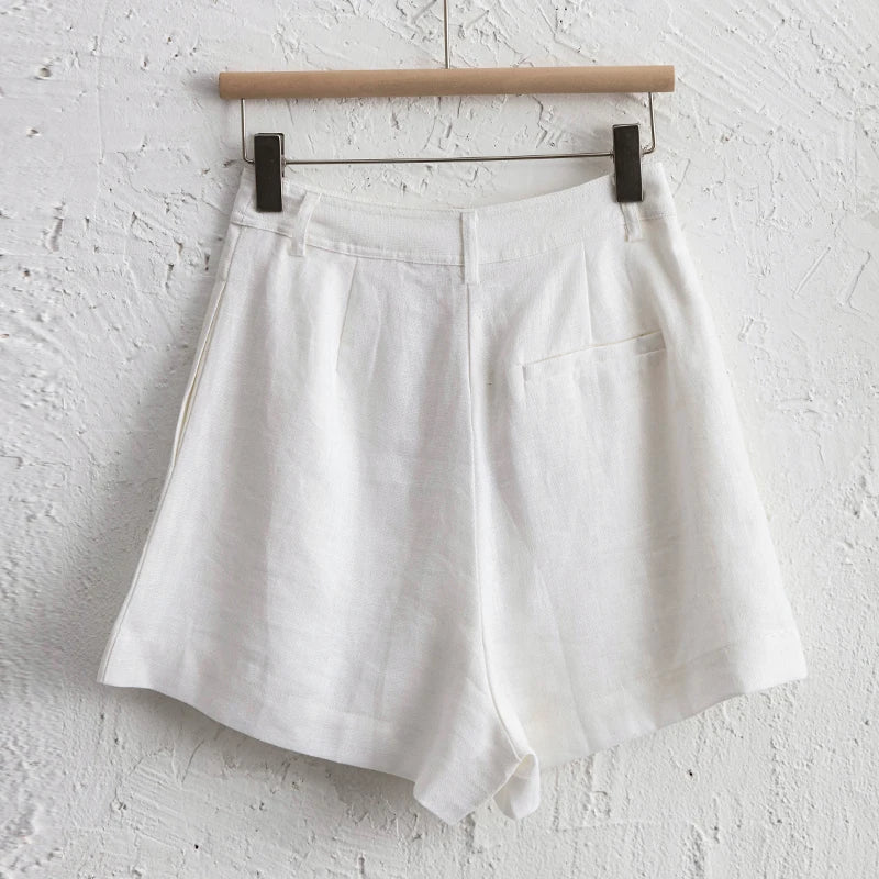 2024 Summer 100% Linen Women'S Shorts Casual High Waist Wide Leg Button Up Elegant Ol Short Pants Femme