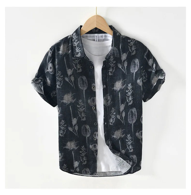 Summer New Printed 100% Linen Short Sleeve Shirts for Men Slim Thin Streetwear Men Clothing BL996