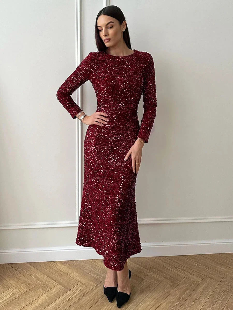 Wolfeel Sequined Dress Autumn New Women's Design Evening Gown Elegant Lady Stylish Long Sleeves Slimming Long Fish Tail Dress