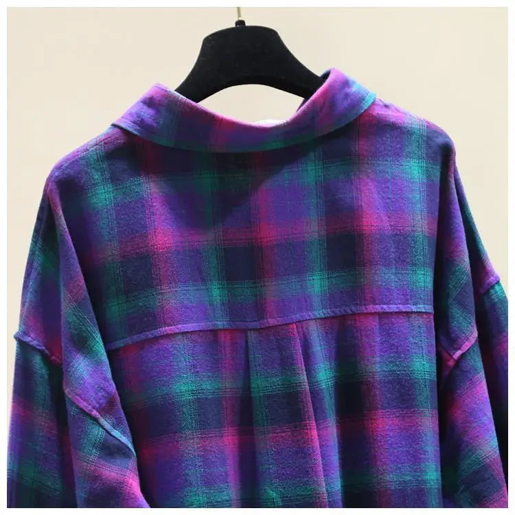 Fashion Women's Blouses Contrasting Colors Plaid Polo-Neck Shirt Female 2022 Autumn Korean Loose Long Sleeve Casual Pockets Tops