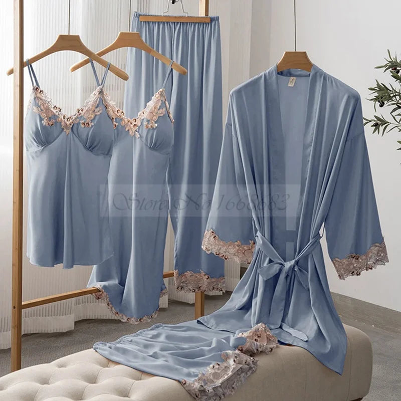Spring Summer 5PCS PAJAMAS SET Sexy Lace Trim Bath Robe Nightgown Female Satin Cami Pijamas Suit Loose Home Clothes Lounge wear