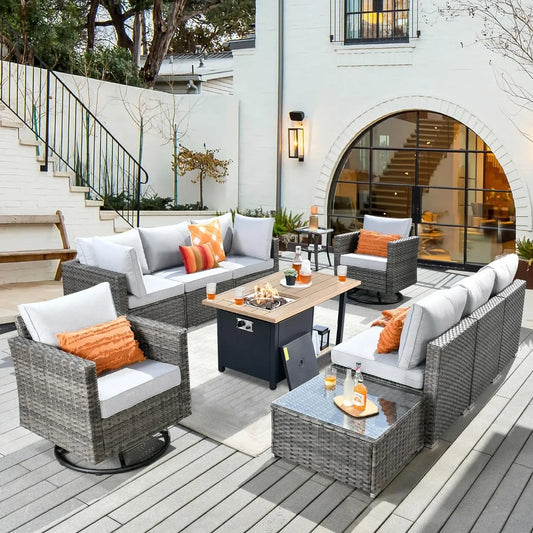 11 Pieces Outdoor Patio Furniture Set, Garden Furniture Sets with Fire Pit, Swivel Glider Chairs for Poolside Lawn Backyard