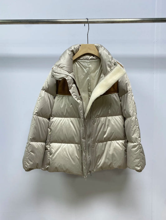 Women's Casual Sheepskin Wool Patchwork Goose Down Jacket, Female Clothing, High Collar, Luxury, Light, Fashion, B, C