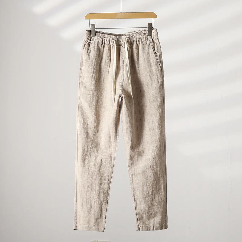 Cotton and Linen Comfortable Men's Fashion Trend Summer Pure Straight Stripe Thin Breathable Solid Color Loose Casual Pants