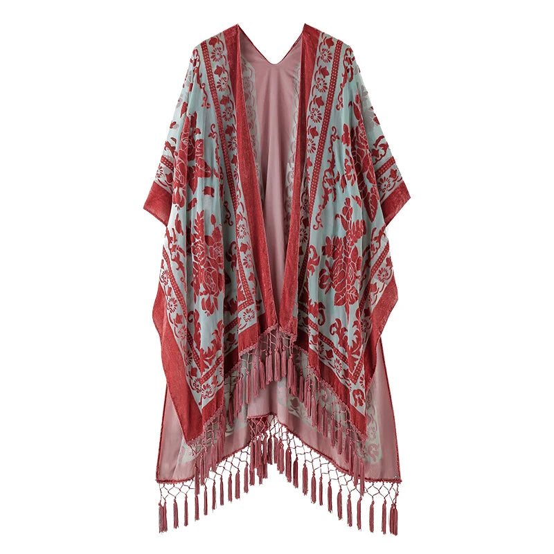 WeHello Burnout Velvet Kimono For Women Luxury Fashion Long Cardigan With Tassel Beach Cover-up Holiday Cardigan Shawl