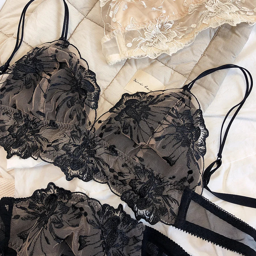 Small Ultra-Thin Bra Set Wireless Bralette Panties Triangle Cup Lingerie For Women Sexy Satin Vintage Lace Princess Underwear