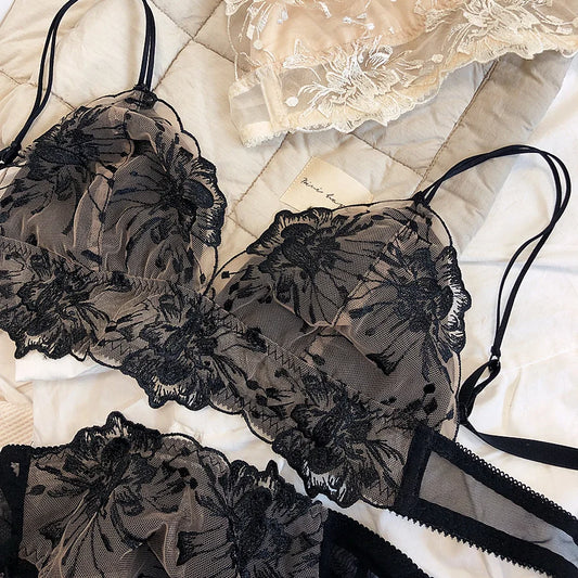 Small Ultra-Thin Bra Set Wireless Bralette Panties Triangle Cup Lingerie For Women Sexy Satin Vintage Lace Princess Underwear