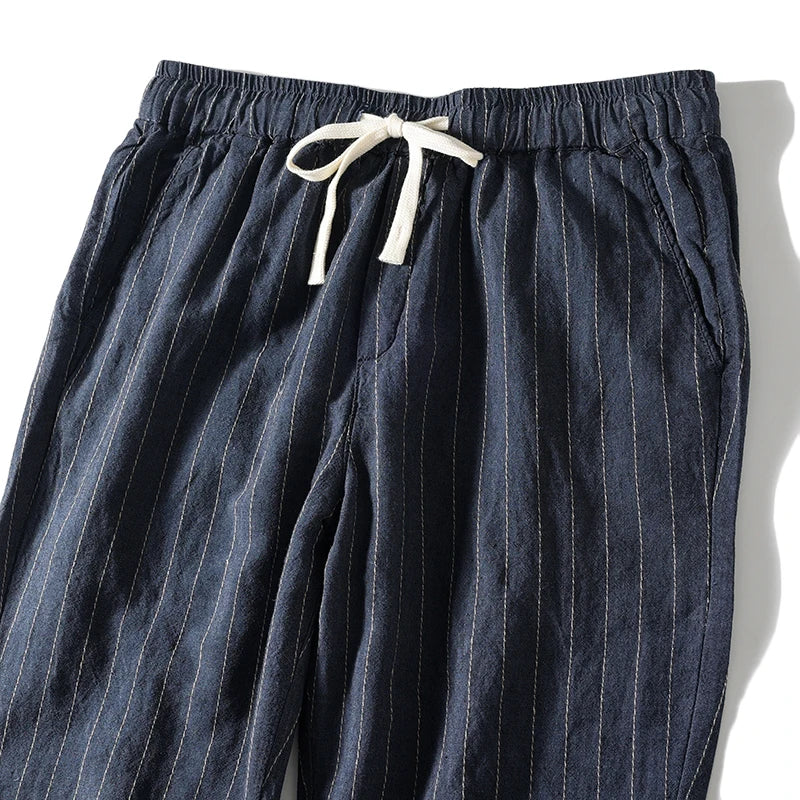 Cotton and Linen Comfortable Men's Fashion Trend Summer Pure Straight Stripe Thin Breathable Solid Color Loose Casual Pants
