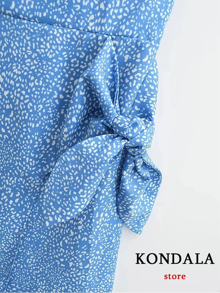 KONDALA Vintage Sexy Print Dot Sheath Split Cami Long Women Dress Fashion 2023 Summer Asymmetrical  Backless Party Strap Vestido