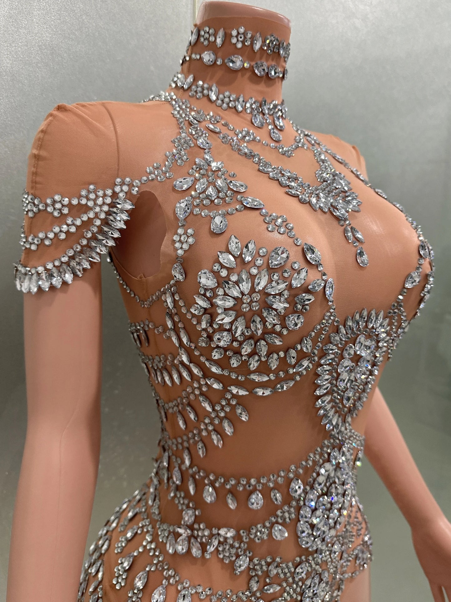 Luxury Rhinestones Sexy See-Through Sheath Bodysuit Evening Party Performance Costume Bar Nightclub Singer Dancer Stage Wear