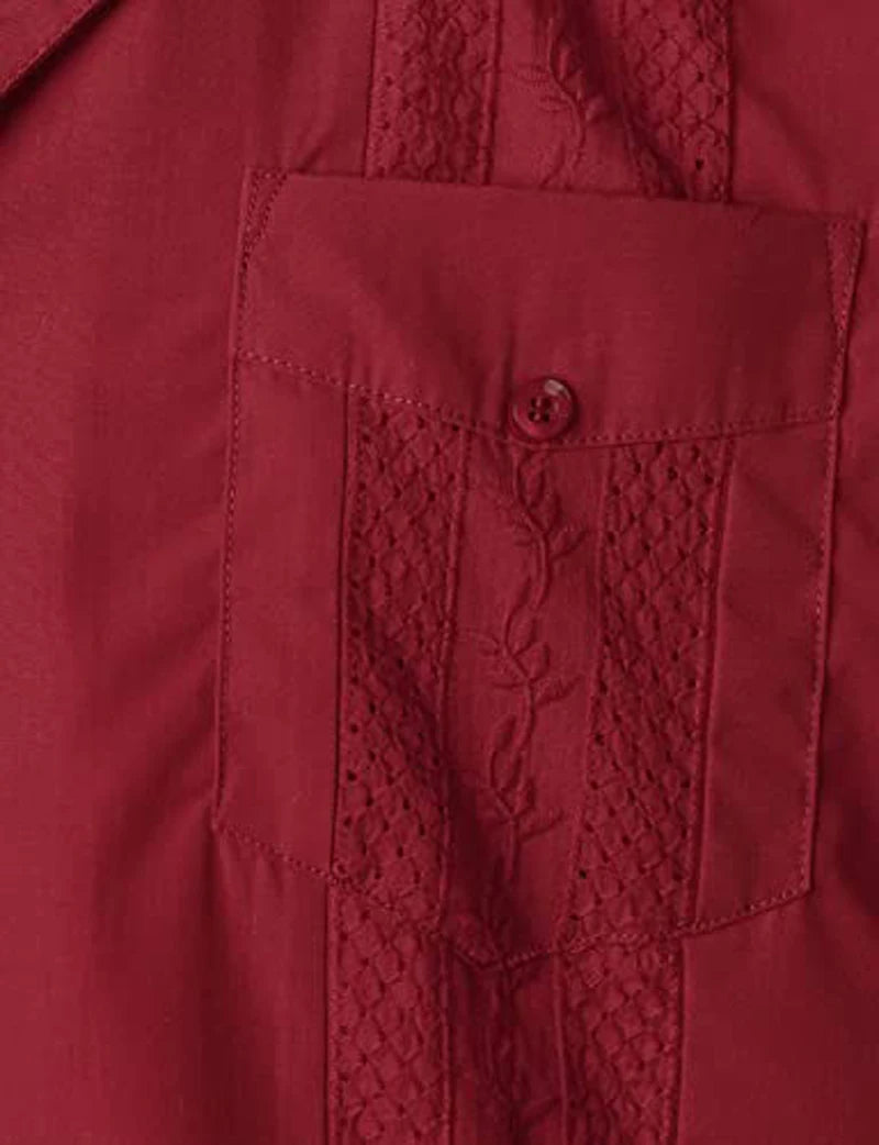 Wine Red Four-Pocket Cuban Guayabera Shirt Men Short Sleeve Camp Collar Shirt Male Embroidered Mexican Cigar Wedding Beach Shirt