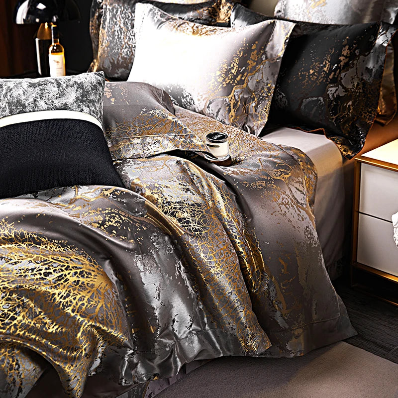 Luxury Silver Gray gold Satin Jacquard Bedding Set 1000TC Egyptian Cotton Queen King Size Duvet Cover Set Bed Sheet Pillowcases