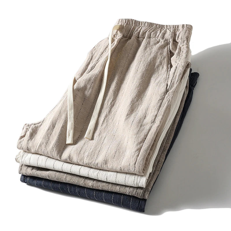 Cotton and Linen Comfortable Men's Fashion Trend Summer Pure Straight Stripe Thin Breathable Solid Color Loose Casual Pants