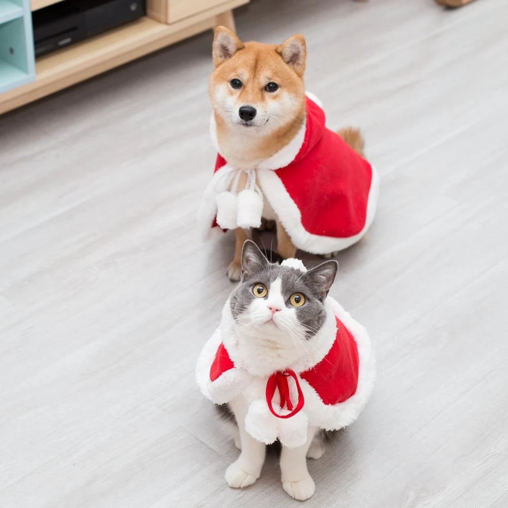 Winter Cat Costume Santa Cosplay Funny Transformed Cat Dog Pet Christmas Cape Dress Up Clothes Red Scarf Cloak Props Decoration