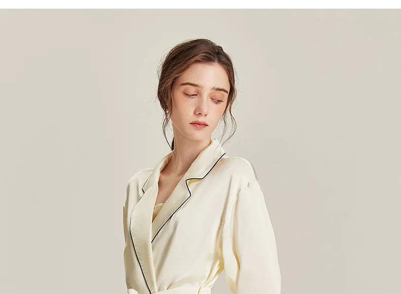 BirdTree 6A 19MM 100%Real Silk Satin Night Robe, Women Notched Neck Sash, Elegant Simple Pajama Robe, 2024 Spring Fall P469122QM