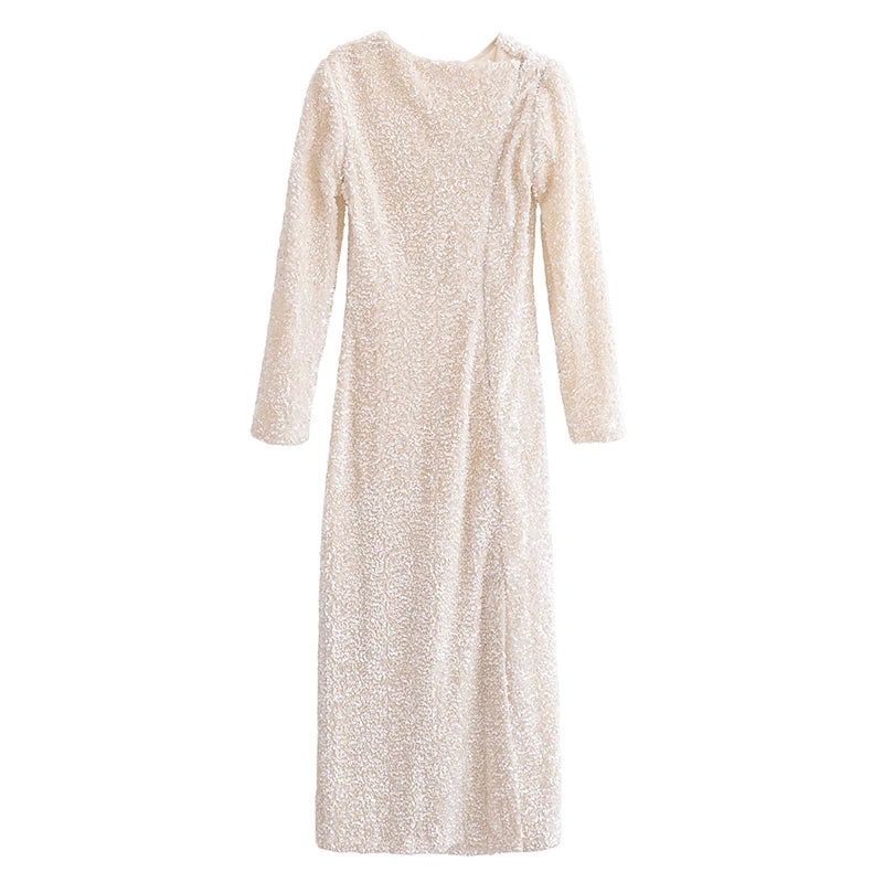 TRAFZA Autumn Party Dress Woman 2024 Trendy Solid O-Neck Long Sleeve Sequins Decorate Zipper Female High Street Long Dresses