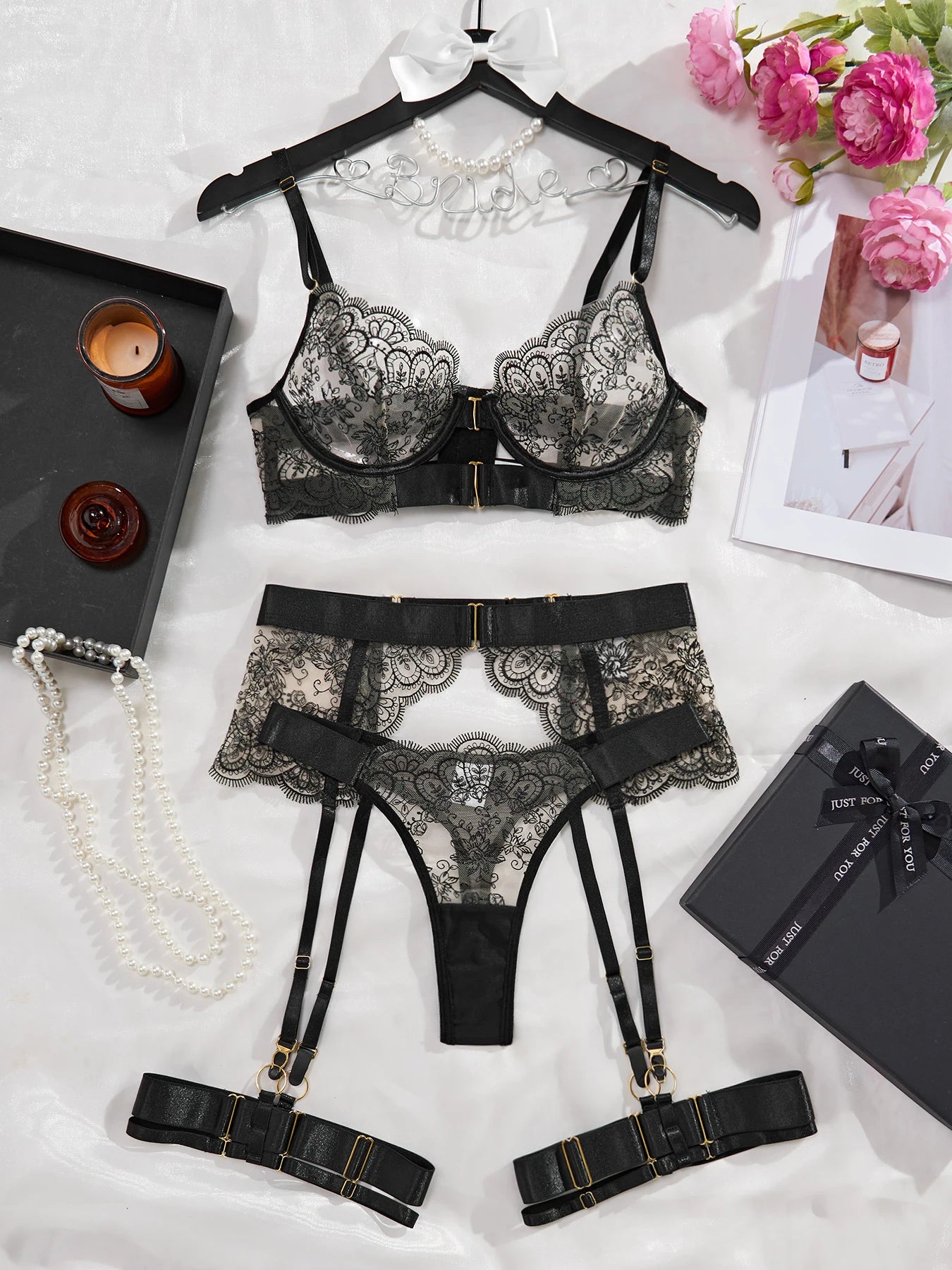 Diccvicc Sensual Lingerie Women Eyelash See Through Lace Bra Fancy Garter Set Romantic Sexy Underwear Exotic Outfit Intimate Kit
