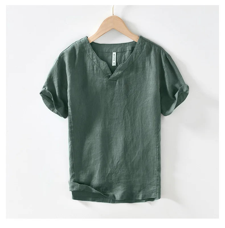 Summer New 100% Linen Short Sleeve T Shirt for Men Casual Thin Solid Color Slim Men Clothing BL998